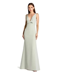 Mac Duggal Petite Crepe Sleeveless V Neck Sheath Gown With Bow