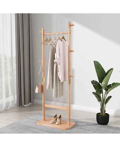 Rainsken Solid Wood Coat Rack, Freestanding Clothes Organizer with Hanging Rod, Hooks, Storage Stand for Coats and Bags, Perfect for Entryway