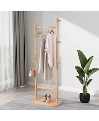Rainsken Solid Wood Coat Rack, Freestanding Clothes Organizer with Hanging Rod, Hooks, Storage Stand for Coats and Bags, Perfect for Entryway