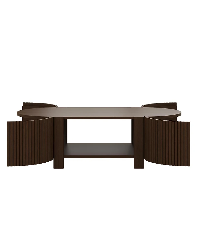 Streamdale Furniture Oval Fluted Coffee Table with Storage, Rubber Solid Wood, Walnut, 47