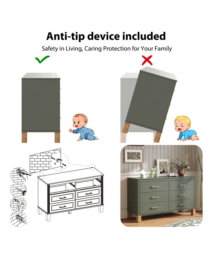 Streamdale 6-Drawer Dresser with Metal Handles & Solid Wood Legs