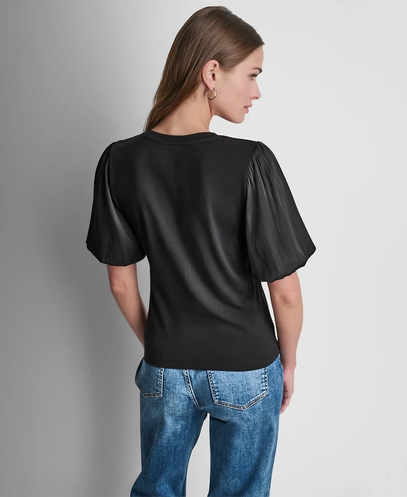 Dkny Women's Puffed Crewneck Mix Media Knit Top