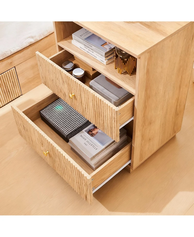 Yigii Wave Pattern Nightstand with Charging, Drawer, and Shelf