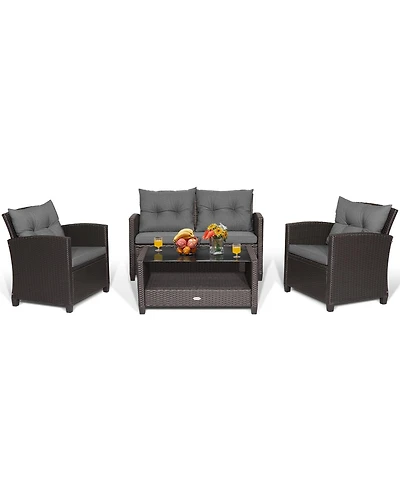 Gymax Set Of 4 Patio Rattan Furniture Set Glass Table Shelf Sofa Cushion