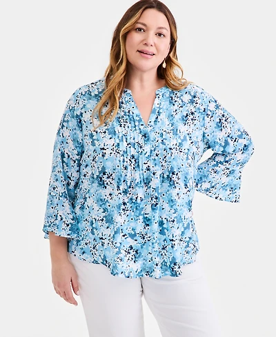 Style & Co Plus Printed Pintucked Top, Macy's Exclusive