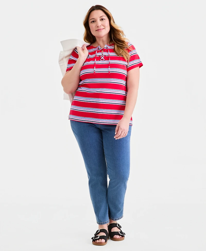 Style & Co Plus Striped Lace-Up Short-Sleeve Top