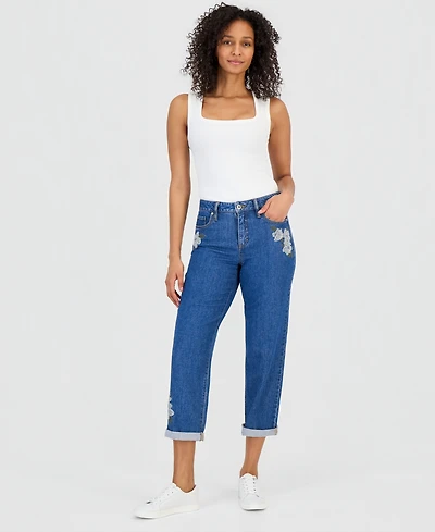 Style & Co Women's Embroidered Mid Rise Relaxed Straight-Leg Jeans, Macy's Exclusive
