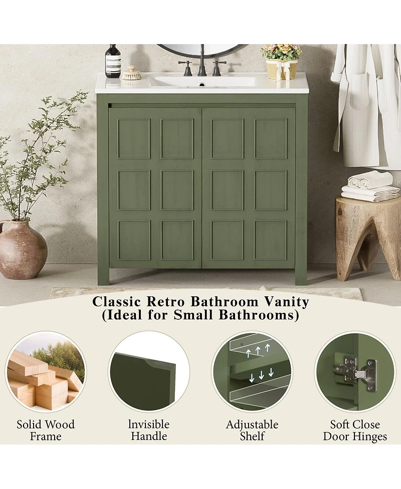Sillysis 36" Retro Bathroom Vanity with Ceramic Sink, Solid Wood Frame and Soft Close Doors, Spacious Storage Cabinet for Modern Bathrooms.