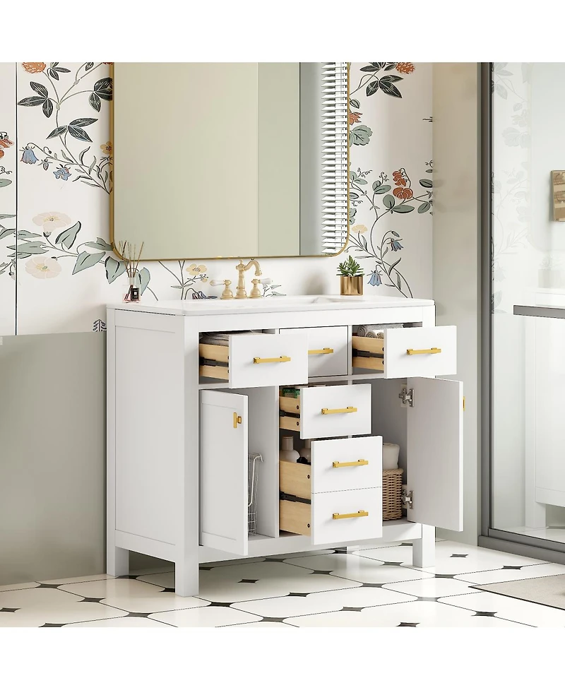 Sillysis 36" Modern Solid Wood Bathroom Vanity with Ceramic Sink, 4 Drawers & 2 Soft Close Doors Freestanding Cabinet