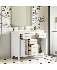 Sillysis 36" Modern Solid Wood Bathroom Vanity with Ceramic Sink, 4 Drawers & 2 Soft Close Doors Freestanding Cabinet