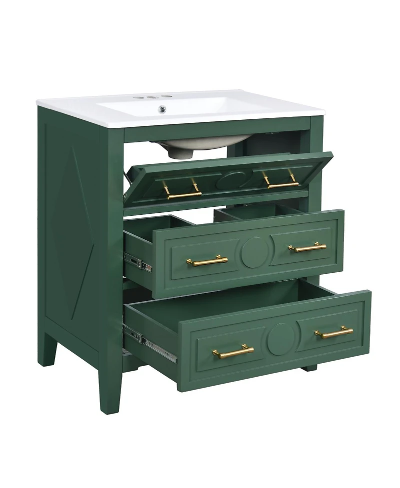 Sillysis 30" Bathroom Vanity with Ceramic Sink, Retro Solid Wood Cabinet & 3 Drawer Storage for Small Spaces
