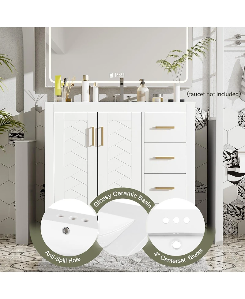 Sillysis 36" Bathroom Vanity with Ceramic Sink, Modern Solid Wood Cabinet & Ample Storage Drawers for Small Spaces