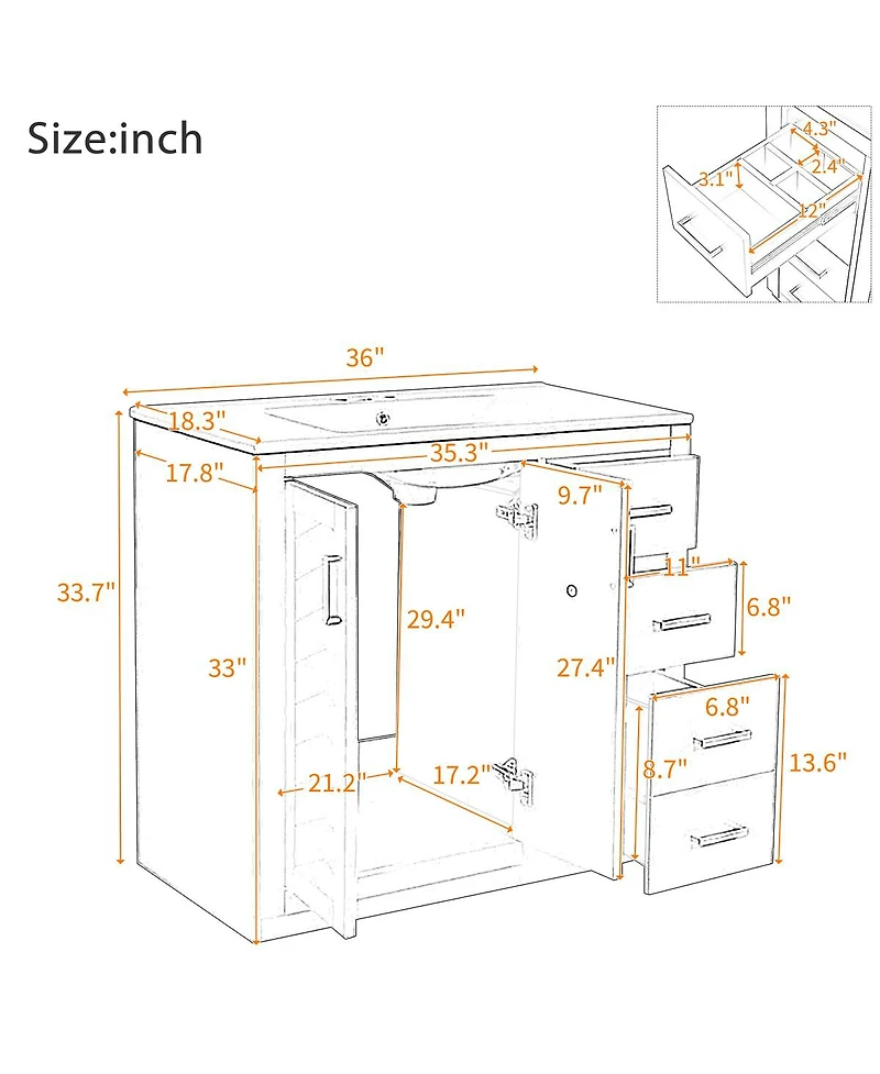 Sillysis 36" Bathroom Vanity with Ceramic Sink, Modern Solid Wood Cabinet & Ample Storage Drawers for Small Spaces