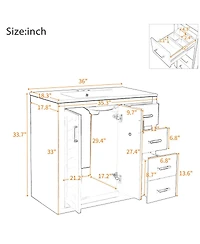 Sillysis 36" Bathroom Vanity with Ceramic Sink, Modern Solid Wood Cabinet & Ample Storage Drawers for Small Spaces