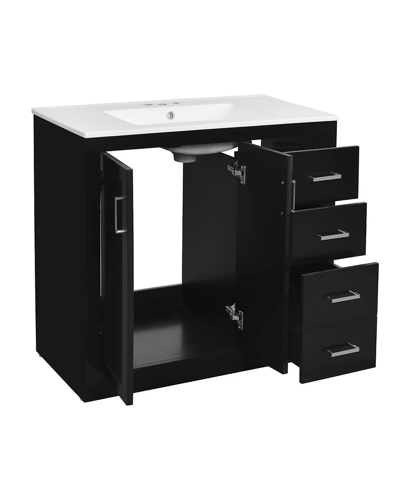 Sillysis 36" Bathroom Vanity with Ceramic Sink, Modern Solid Wood Cabinet & Ample Storage Drawers for Small Spaces