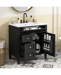 Sillysis 30" Modern Bathroom Vanity with Ceramic Sink, Solid Wood Cabinet, Ample Storage Drawers & Adjustable Shelf for Small Spaces