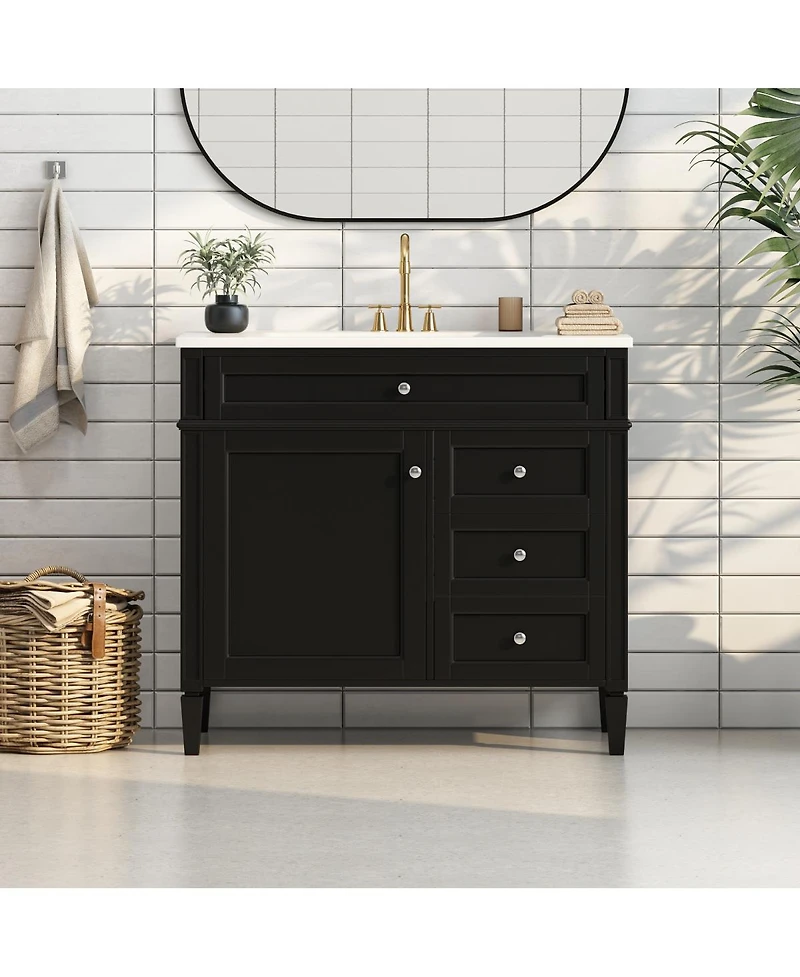 Sillysis 36" Modern Bathroom Vanity with Resin Sink, Freestanding Cabinet 2 Drawers & Tip-out Drawer