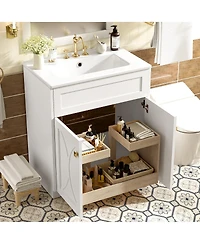 Sillysis 30" Modern Bathroom Vanity with Ceramic Sink, Retractable Rack & Large Storage Cabinet for Small Spaces