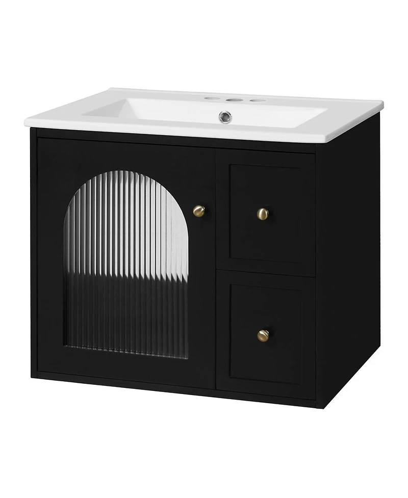 Sillysis 24" Wall Mount Bathroom Vanity with Glass Door, Ceramic Sink & 2 Drawers, Space Saving Storage for Small Bathrooms-Sillysis