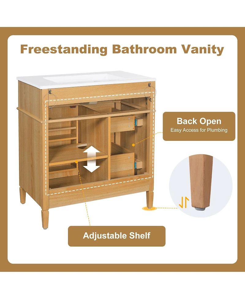 Sillysis 30" Freestanding Bathroom Vanity with Sink & Soft Close Flip Drawer, Solid Wood Mdf Storage for Modern Bathrooms