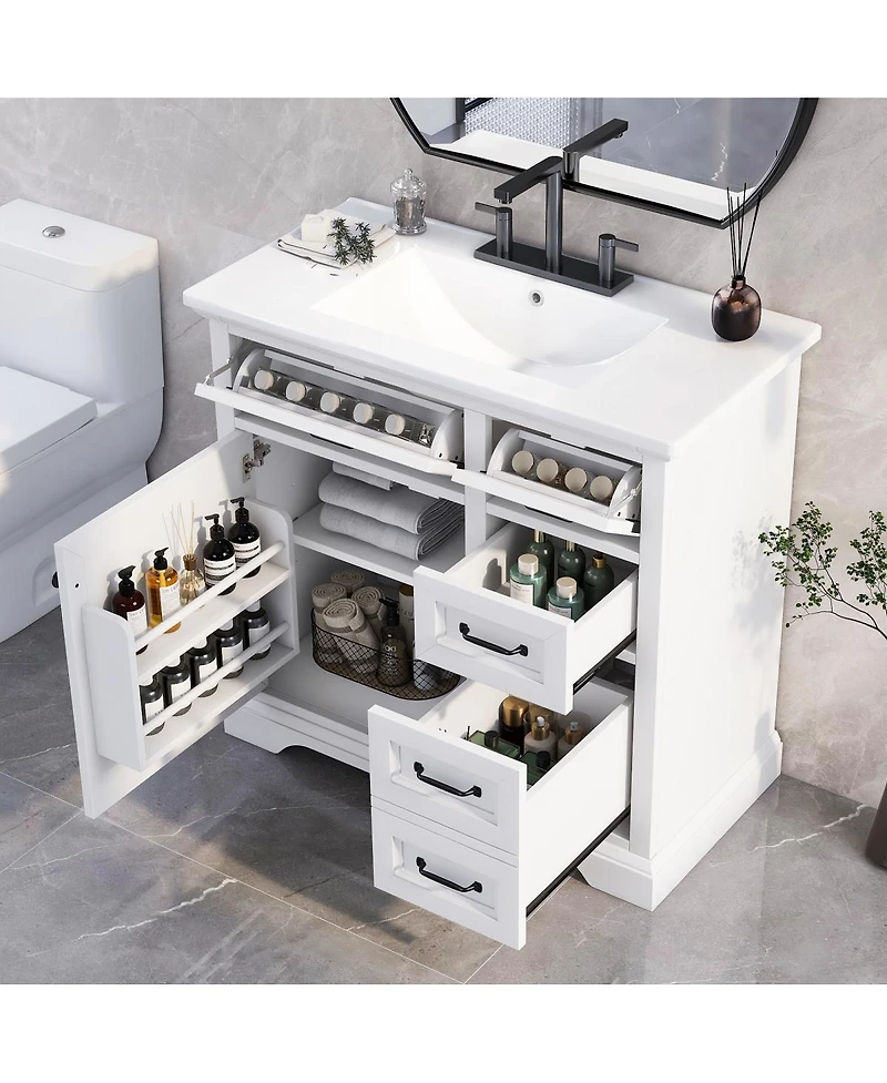 Sillysis 36" Bathroom Vanity with Ceramic Sink, Classic Modern Rubber Wood Cabinet & Ample Drawer Storage for Small Spaces