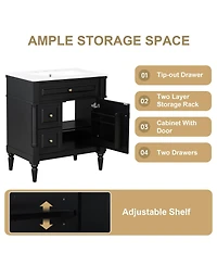 Sillysis 30" Bathroom Vanity with Ceramic Sink, Modern Solid Wood Freestanding Cabinet for Small Spaces