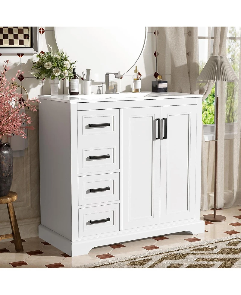 Sillysis 36" Modern Bathroom Vanity with Ceramic Sink, Solid Wood Frame & Soft Close Drawers for Small Spaces