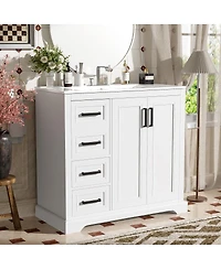Sillysis 36" Modern Bathroom Vanity with Ceramic Sink, Solid Wood Frame & Soft Close Drawers for Small Spaces
