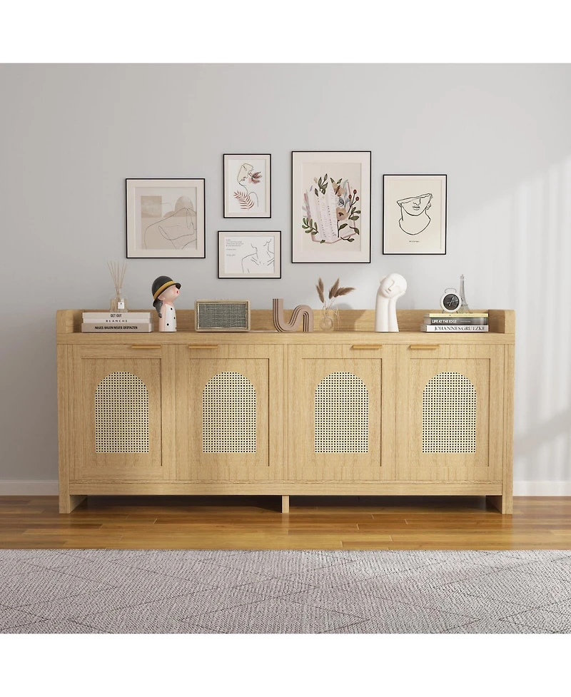 gaomon Natural Rattan Tv Stand for 65 Inch Tv, Modern Entertainment Center with Glass Doors & Cabinet, 61.5 Inch Console Table