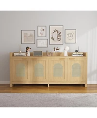 gaomon Natural Rattan Tv Stand for 65 Inch Tv, Modern Entertainment Center with Glass Doors & Cabinet, 61.5 Inch Console Table