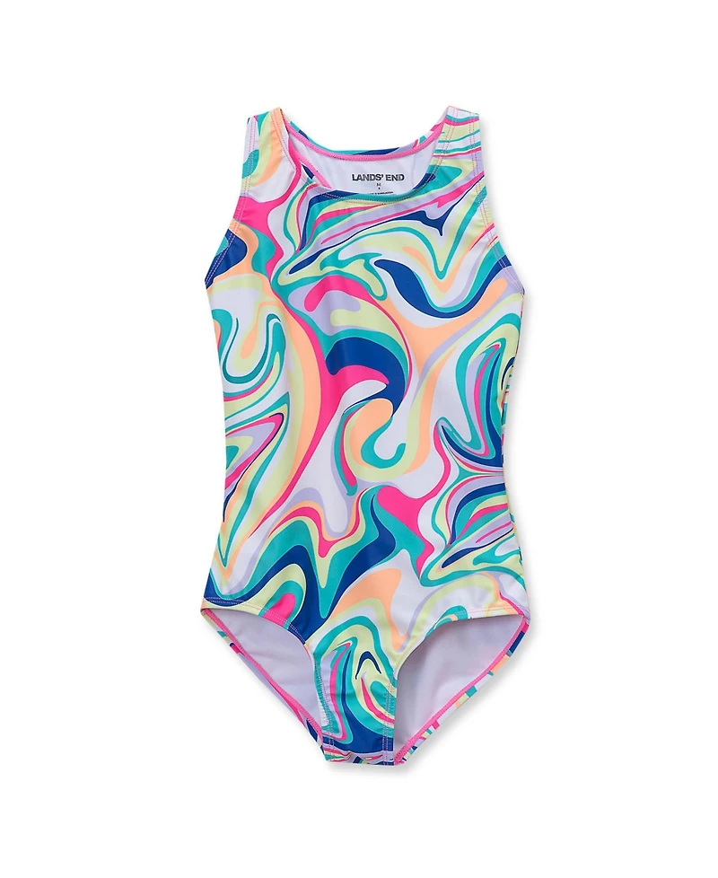 Lands' End Girls Slim Chlorine Resistant Sporty Hi-Neck Racer Back One Piece Swimsuit
