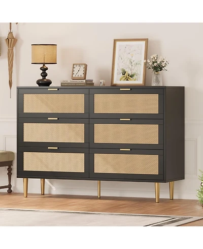 gaomon Rattan 6 Drawer Dresser for Bedroom, Modern Chest of Drawers with Gold Legs and Handles, Wide Double Large Tabletop