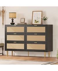 gaomon Rattan 6 Drawer Dresser for Bedroom, Modern Chest of Drawers with Gold Legs and Handles, Wide Double Large Tabletop