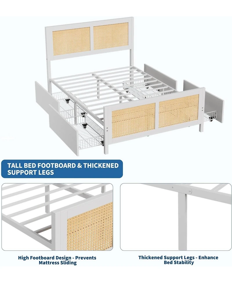 gaomon Bed Frame with Headboard, Boho Cane Platform King Size Bed Frame with 4 Drawers, Strong Metal Slats Support, No Box Spring Needed