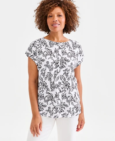 Style & Co Women's Printed Short-Sleeve Mixed-Media Tee, Macy's Exclusive
