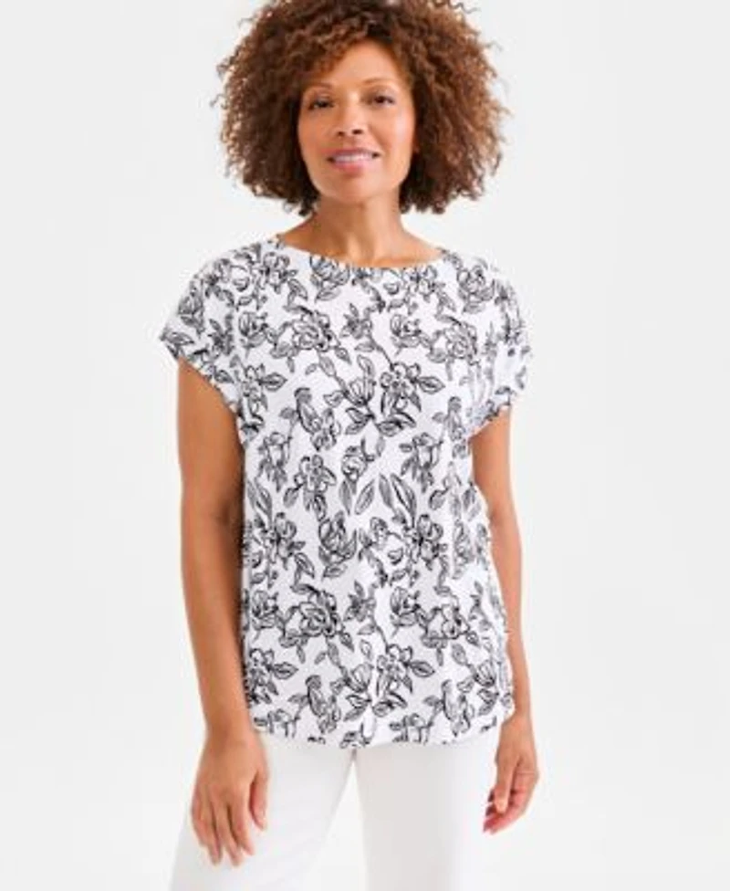 Style Co Womens Printed Short Sleeve Mixed Media Tee Macys Exclusive