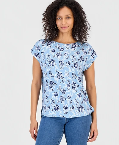 Style & Co Women's Printed Short-Sleeve Mixed-Media Tee, Macy's Exclusive