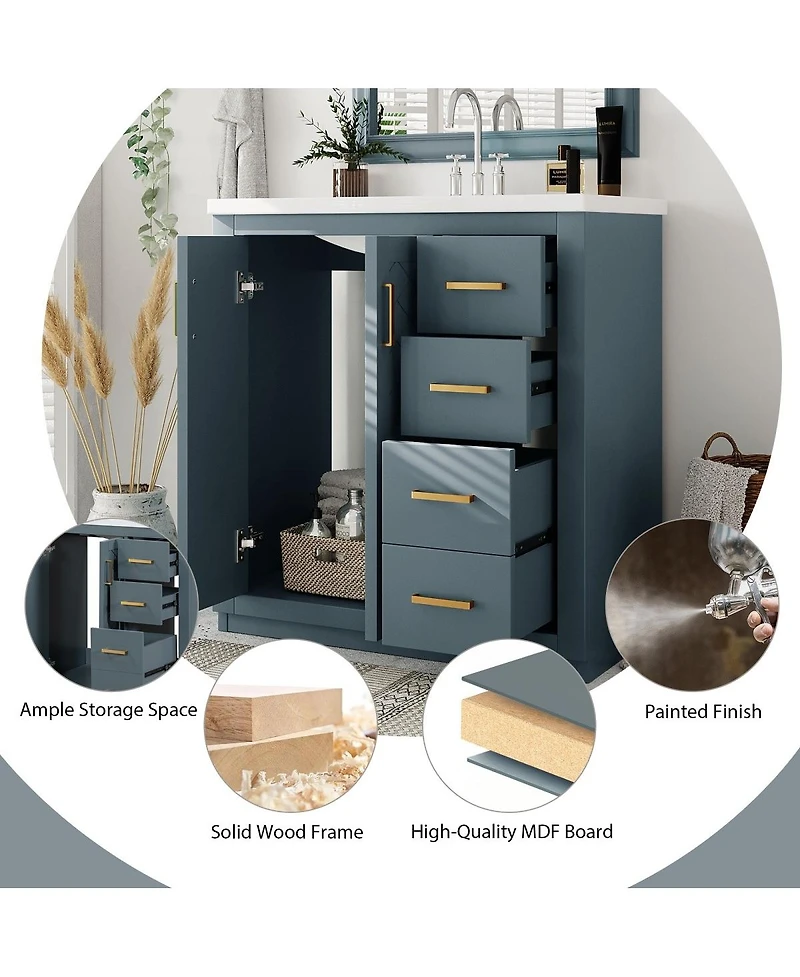 Sillysis 30" Bathroom Vanity with Ceramic Sink, 3 Drawers & Soft Close Doors, Solid Wood Cabinet for Ample Storage