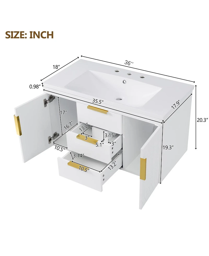 Sillysis 36" Wall Mounted Bathroom Vanity with Resin Sink, Modern Mdf Cabinet, Double Drawers & Storage for Small Bathrooms