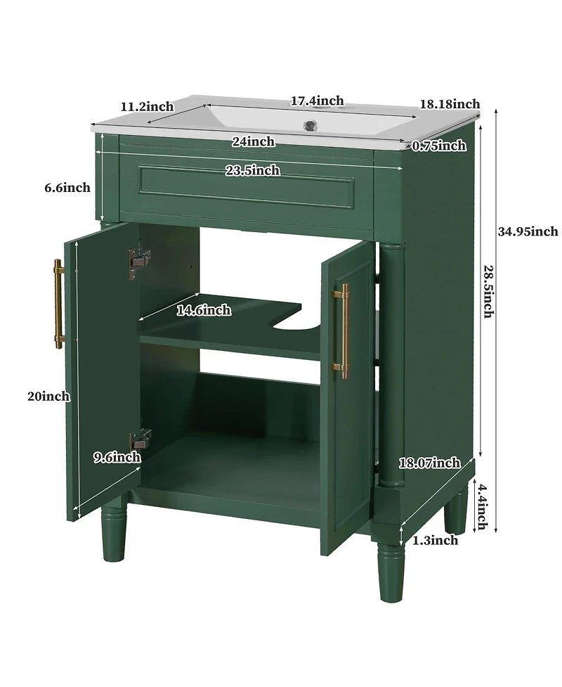Sillysis 24" Bathroom Vanity with Curved Ceramic Sink, Adjustable Shelf 2-Door Storage for Small Modern Bathrooms