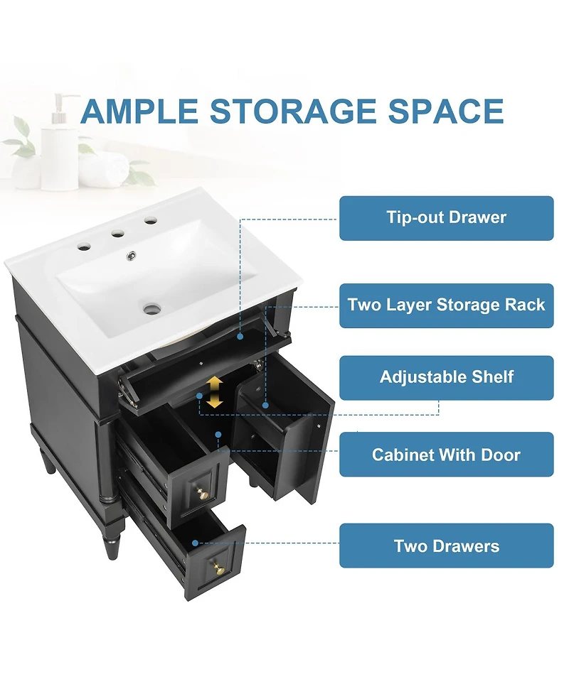 Sillysis 24" Bathroom Vanity with Sink, Solid Wood Cabinet Flip Drawer and Adjustable Shelf, Freestanding Modern Storage for Small Spaces