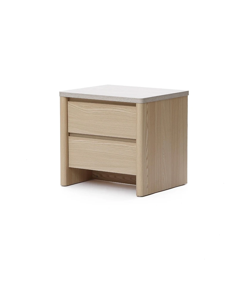 LuxenHome Snowy Oak Nightstand & End Table with 2 Drawers, Faux Travertine Top, Durable Manufactured Wood
