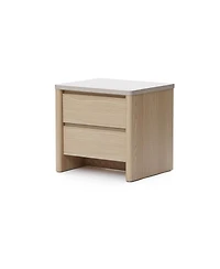 LuxenHome Snowy Oak Nightstand & End Table with 2 Drawers, Faux Travertine Top, Durable Manufactured Wood
