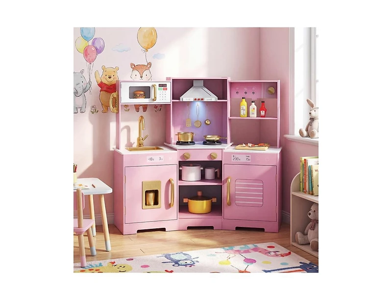 Slickblue Pretend Play Wooden Kitchen Set with Range Hood and Realistic Effects