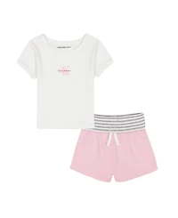Calvin Klein Girls' 2T-6X Ribbed Logo T-Shirt and Fold-Over Waist Shorts, 2-Piece Set