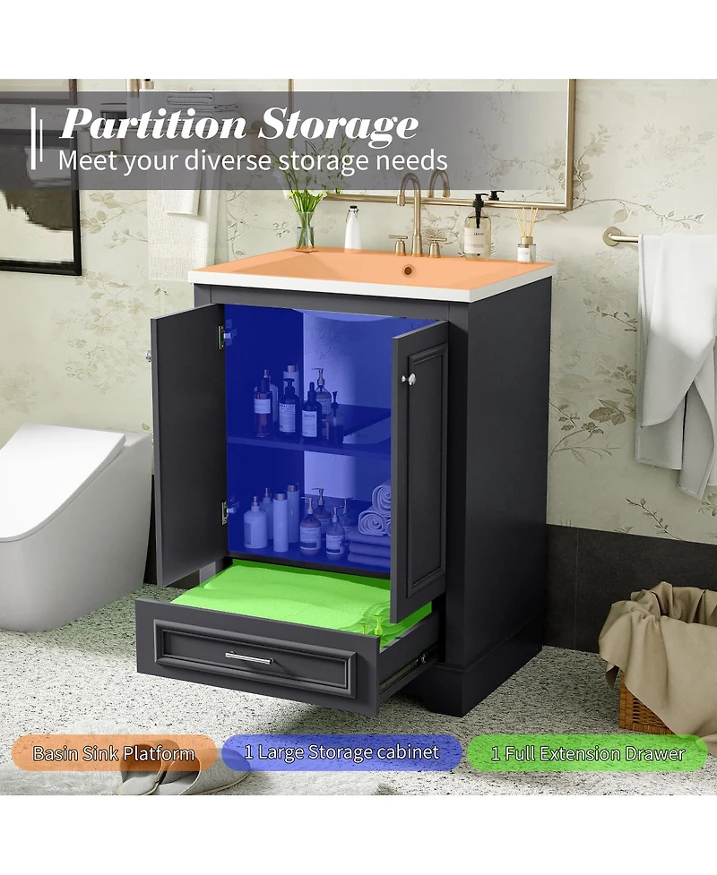 Sillysis 24" Bathroom Vanity with Ceramic Sink, Modern Freestanding Cabinet Drawer & Soft Closing Doors, Solid Wood Mdf Storage