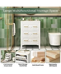 Sillysis 24 Inch Bathroom Vanity with Ceramic Sink, Retro Solid Wood Cabinet, 3 Soft Close Drawers for Small Bathrooms