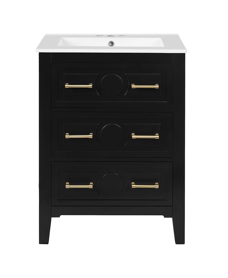 Sillysis 24 Inch Bathroom Vanity with Ceramic Sink, Retro Solid Wood Cabinet, 3 Soft Close Drawers for Small Bathrooms