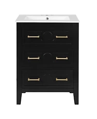 Sillysis 24 Inch Bathroom Vanity with Ceramic Sink, Retro Solid Wood Cabinet, 3 Soft Close Drawers for Small Bathrooms