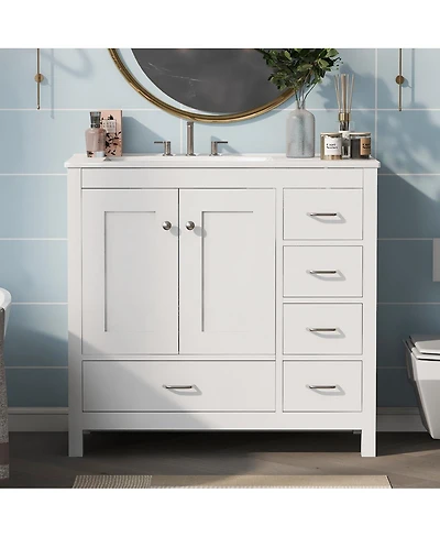 Sillysis 36" Bathroom Vanity with Sink, Solid Wood Cabinet & 5 Drawers Storage, Modern Freestanding Bath Cabinet for Small Spaces